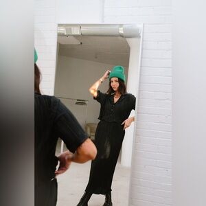 Dressed in Lala Black C’est La Vie Notched Collar Plissé Top & Maxi Skirt Set